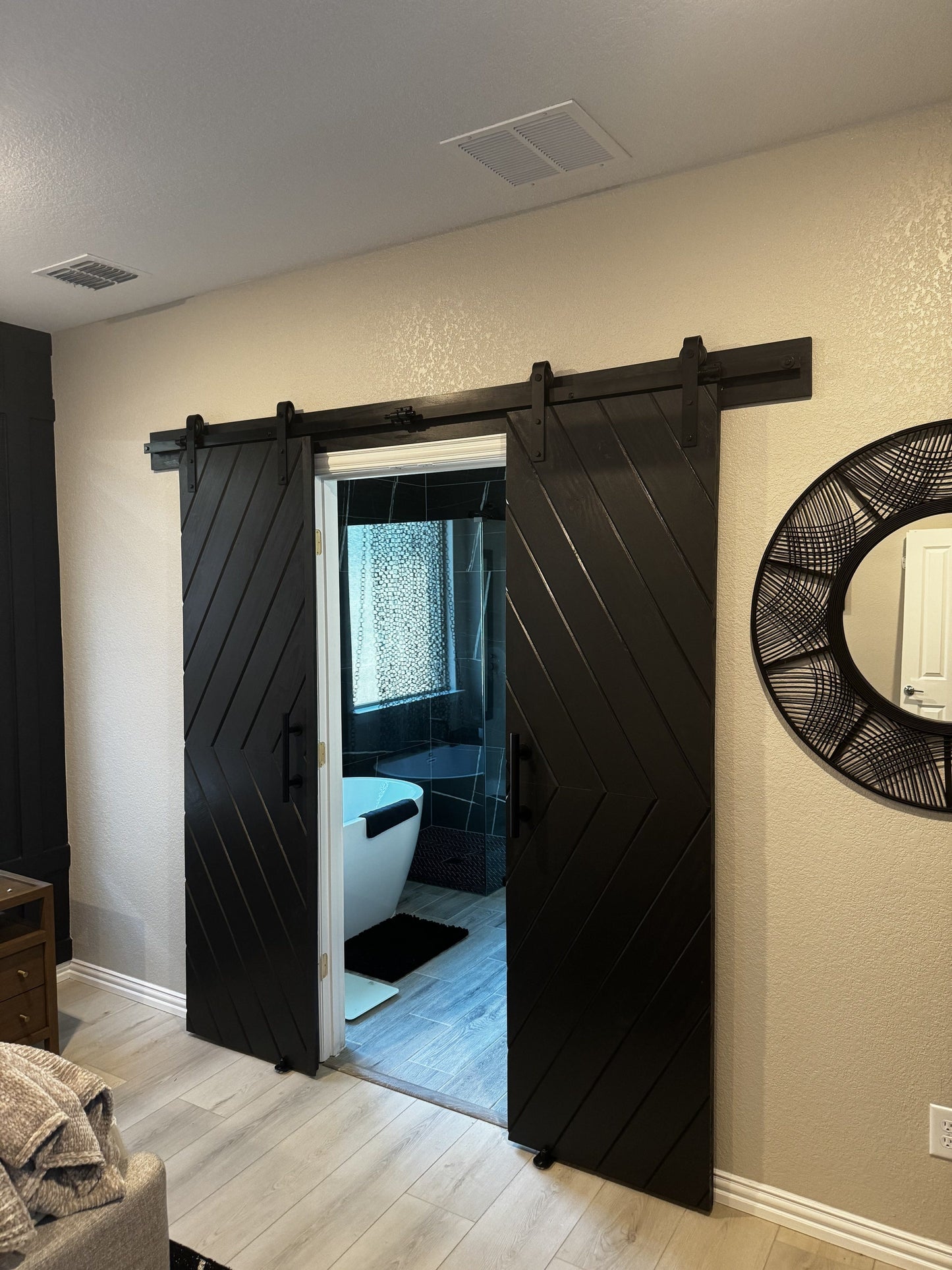 Chevron Pattern Black Barn Door with Mirror