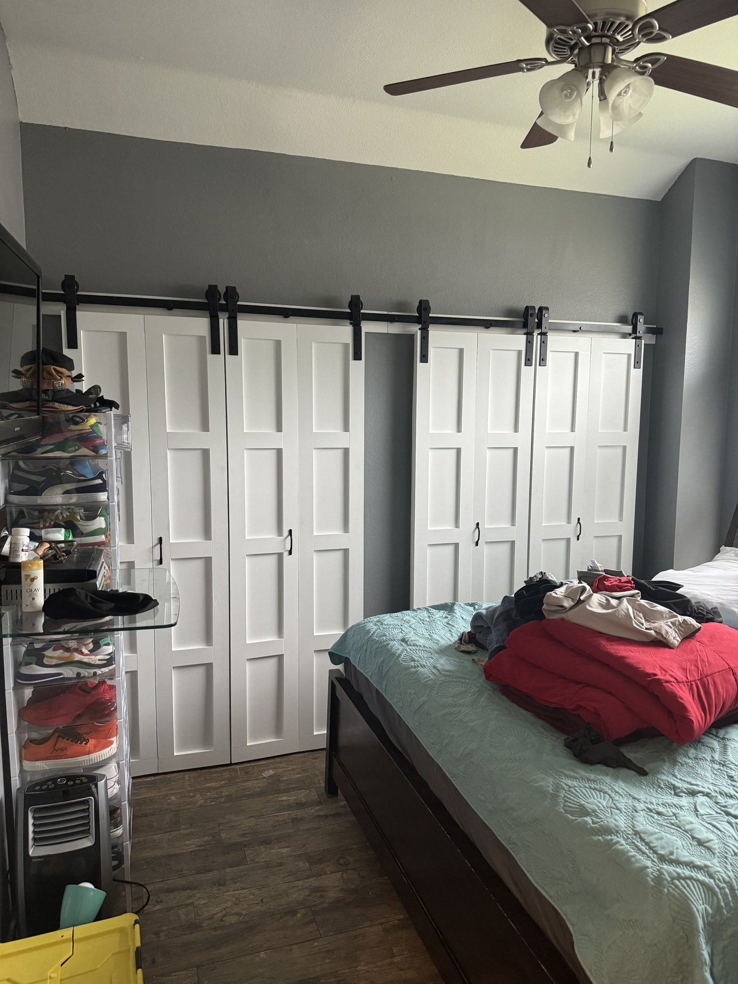 Custom Flat Panel Barn Door System with Black Hardware