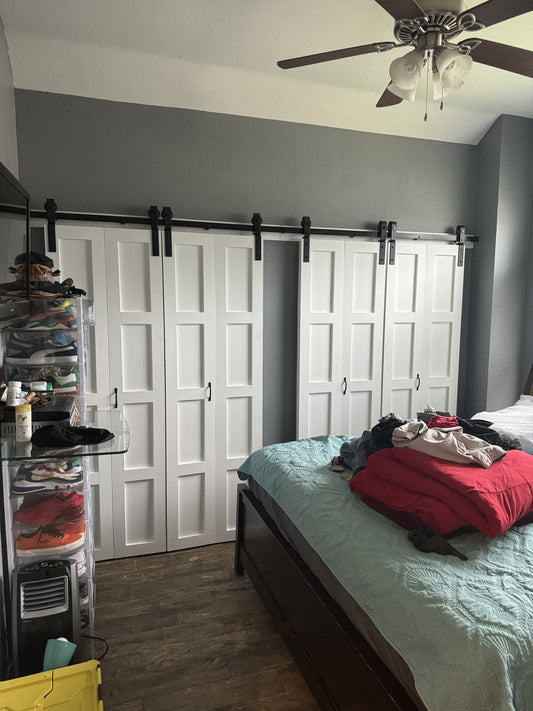Custom Flat Panel Barn Door System with Black Hardware