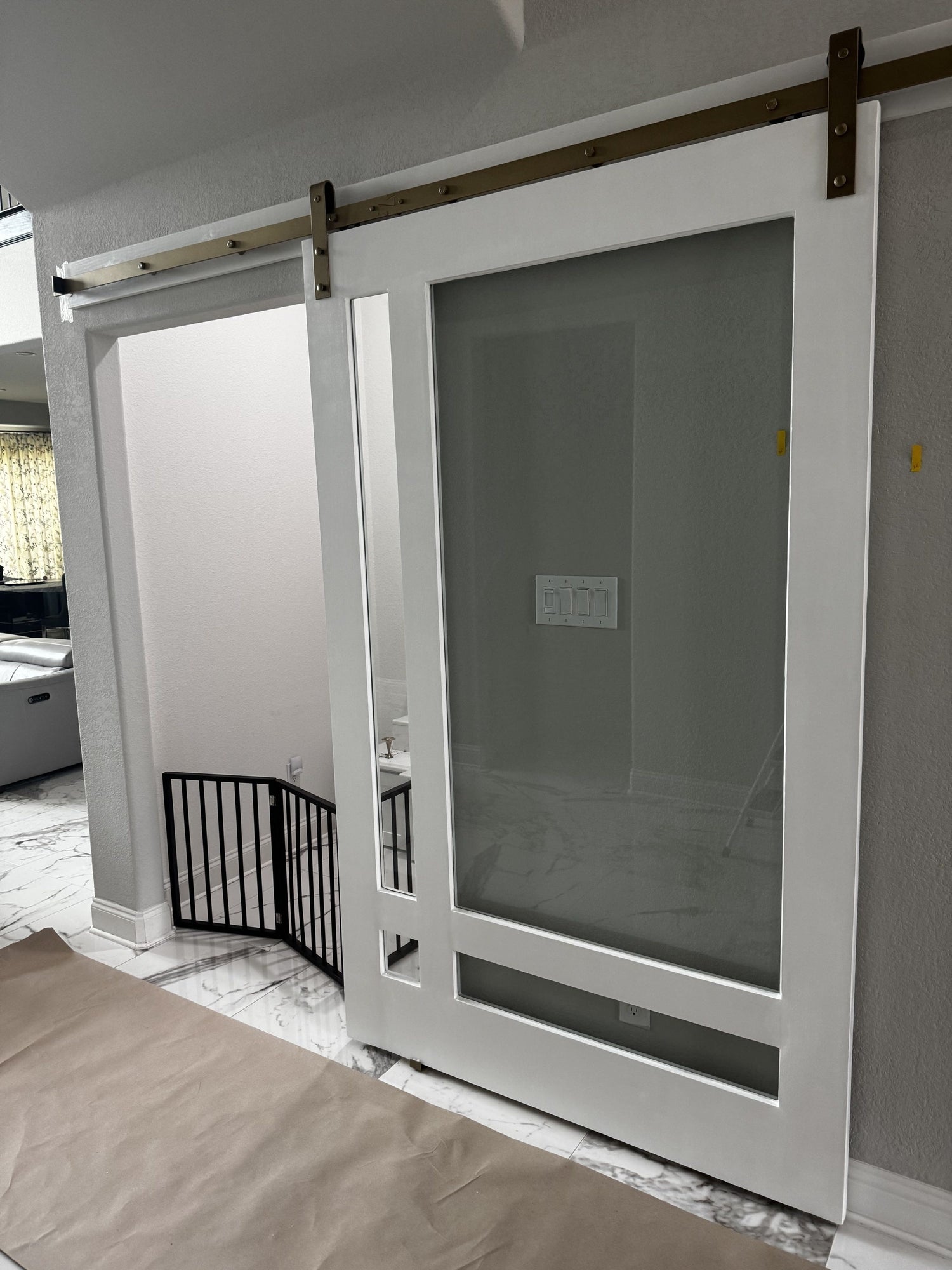 Modern Glass Panel Barn Door with Brass Hardware