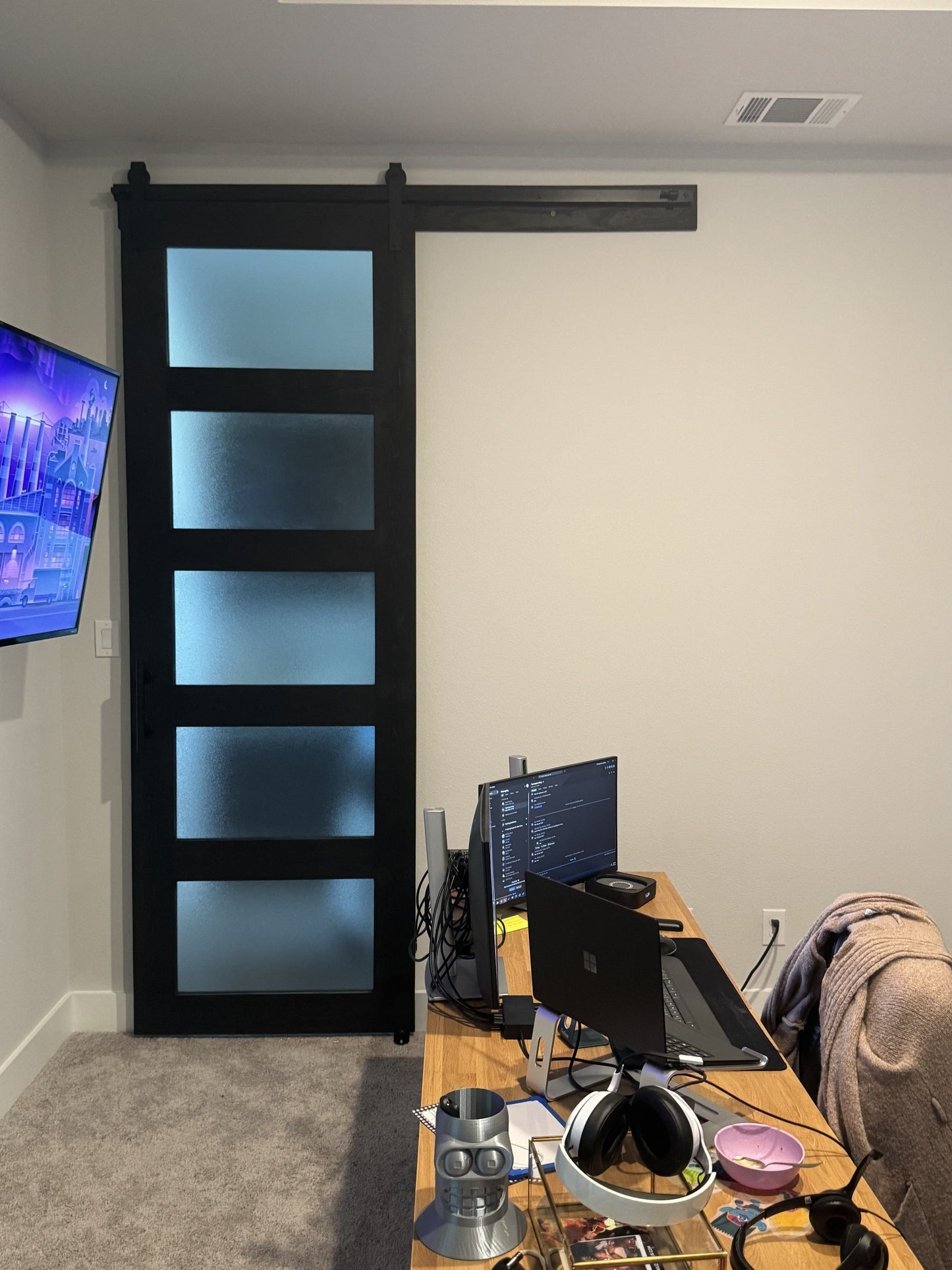 Modern Horizontal Slat Barn Door with Frosted Glass Panels