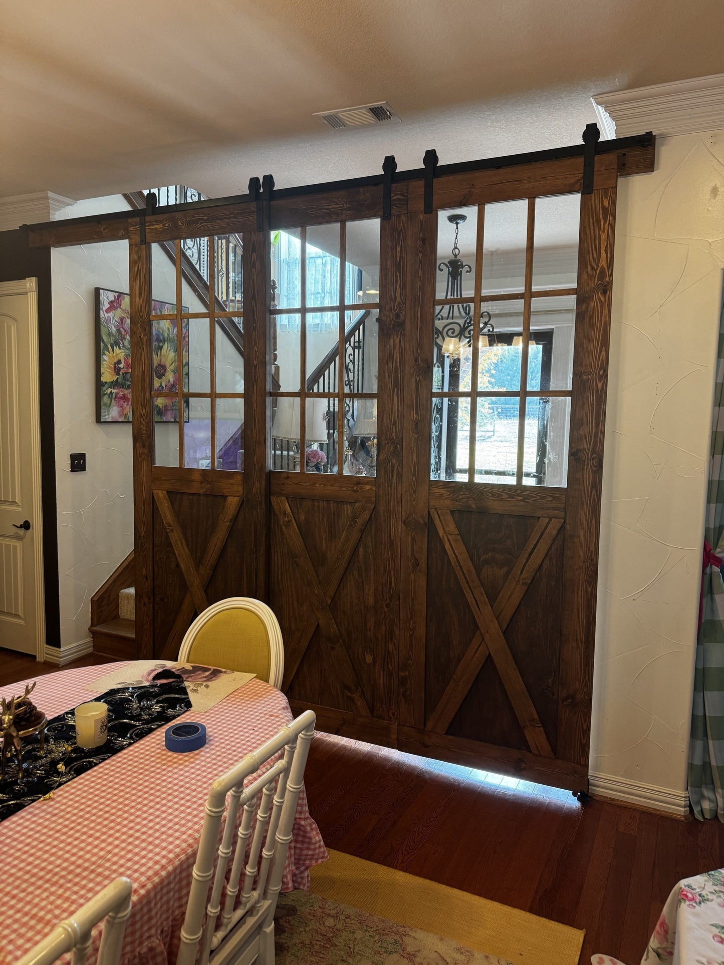 Rustic X-Brace Sliding Barn Door with Glass Panels
