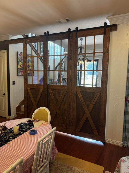 Rustic X-Brace Sliding Barn Door with Glass Panels