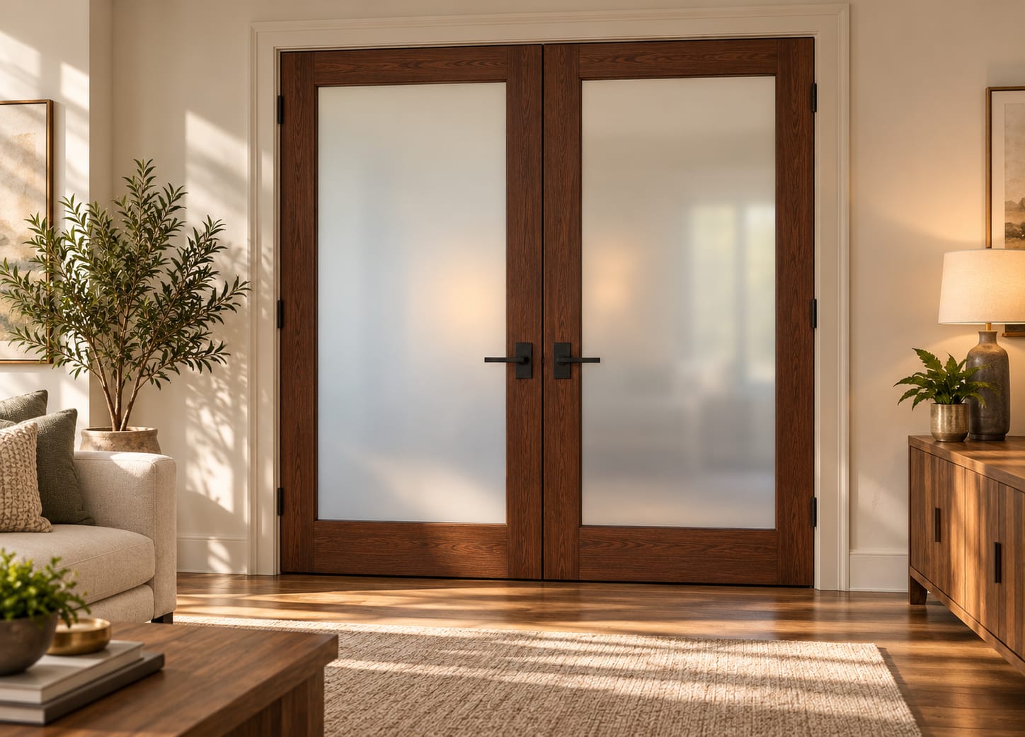 Concept rendering of wood-frame French double doors with frosted smart privacy glass