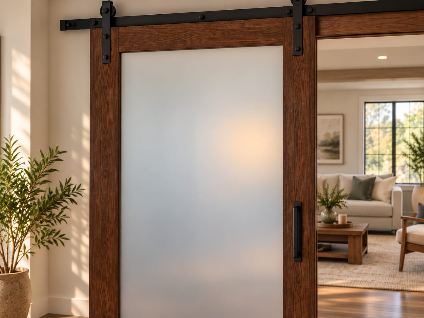 Concept rendering of a wood-frame sliding barn door with frosted smart glass on a black rail