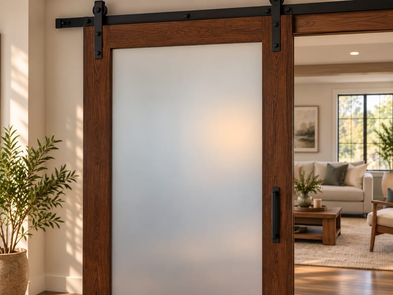 Concept rendering of a wood-frame sliding barn door with smart glass in its frosted privacy state